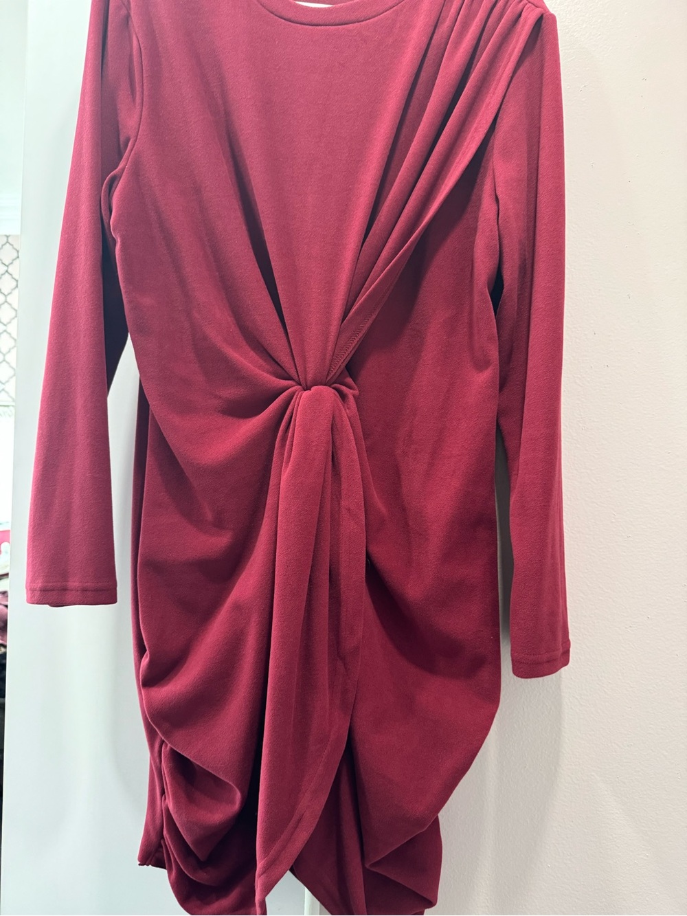 Knot-Front Long Sleeve Dress in Deep Berry